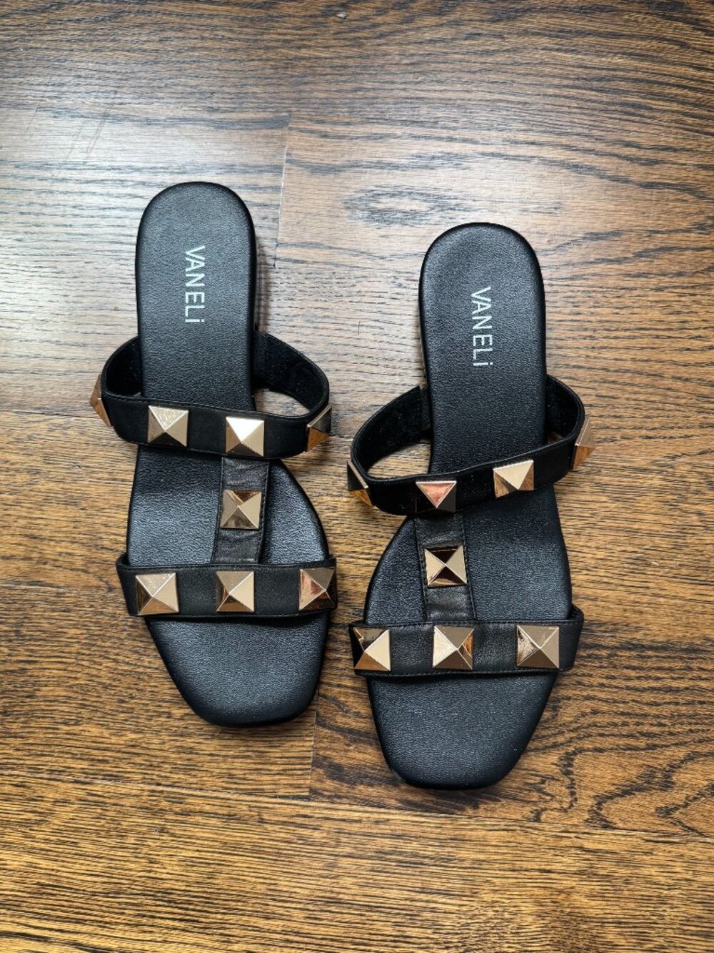 Black Leather Vaneli gold studded flat sandals Size 8 1/2N
